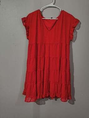 Jodifl Women's Red Medium Short Sleeve Tiered Babydoll Flowy Silhouette Dress